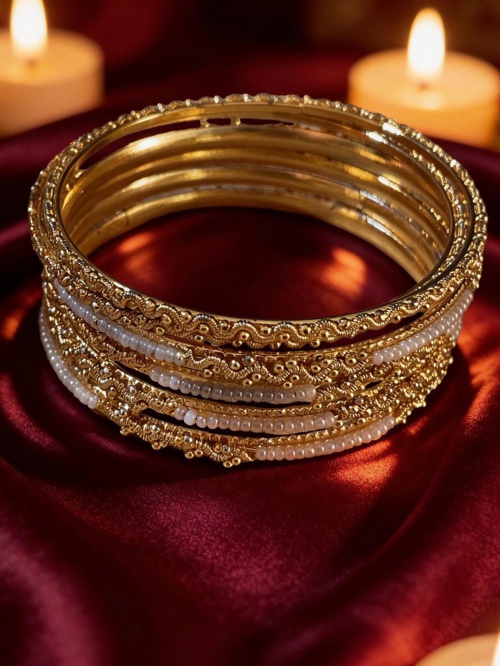 Bangle bracelet set of 6 gold tone white seed beads 7 inches approximately small - Picture 1 of 16